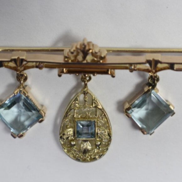Art Deco Aquamarine 14K Gold Brooch  Pin 2 Tone - Picture 1 of 5